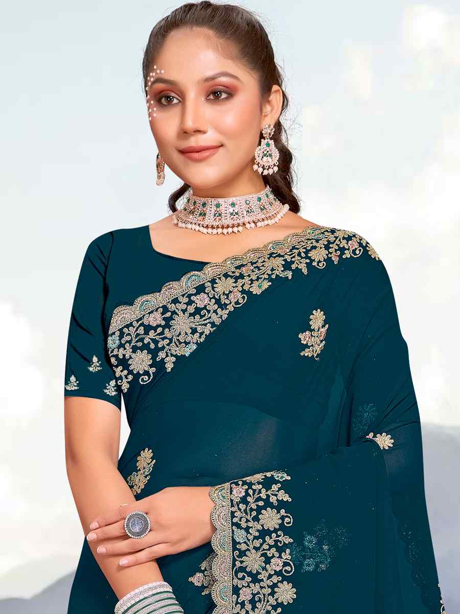 Navy Blue Georgette Embroidered Wedding Festival Heavy Border Saree