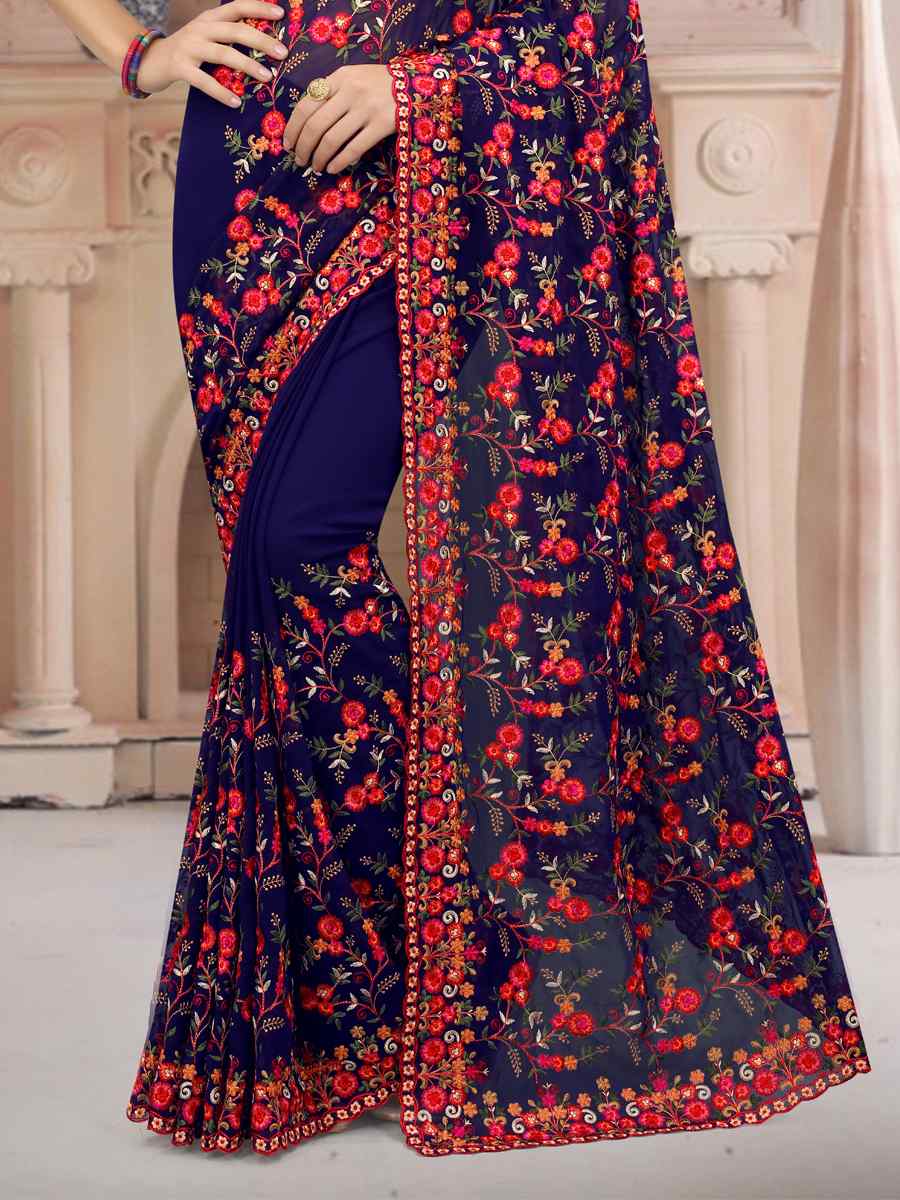 Navy Blue Georgette Embroidered Wedding Party Georgette Classic Style Saree