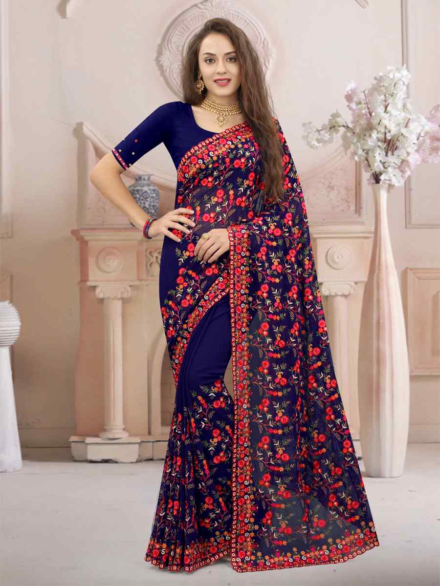 Navy Blue Georgette Embroidered Wedding Party Georgette Classic Style Saree