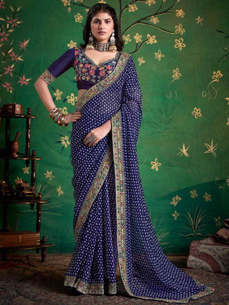 Image of Navy Blue Georgette Embroidery Bridal Reception Festival Wedding Fancy Heavy Border Saree