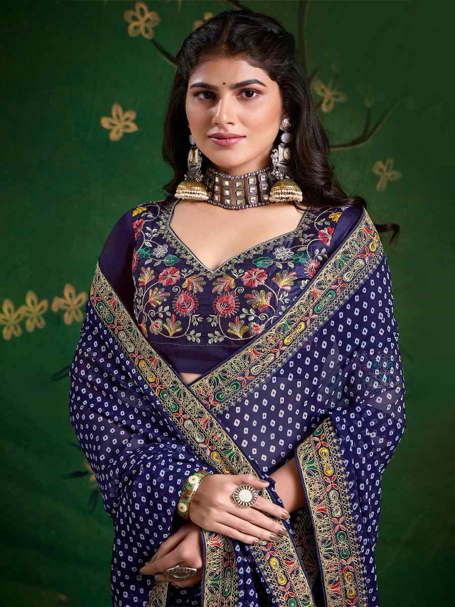 Navy Blue Georgette Embroidery Bridal Reception Festival Wedding Fancy Heavy Border Saree