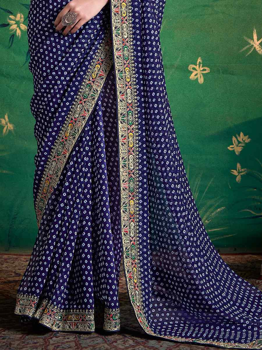 Navy Blue Georgette Embroidery Bridal Reception Festival Wedding Fancy Heavy Border Saree