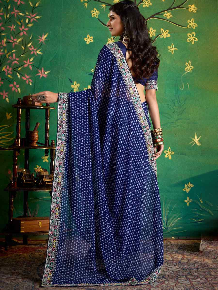 Navy Blue Georgette Embroidery Bridal Reception Festival Wedding Fancy Heavy Border Saree