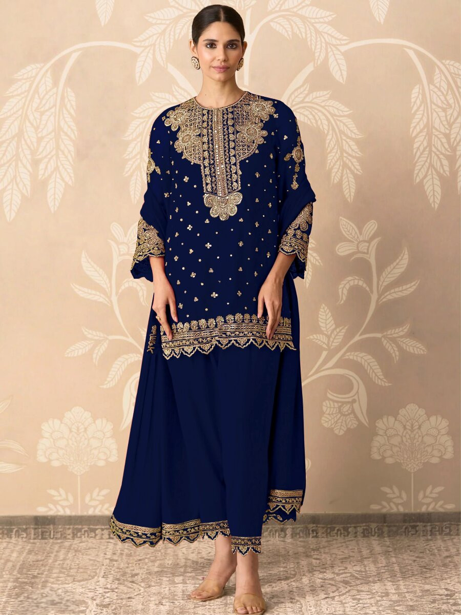 Navy Blue Georgette Embroidery Zari Sequins Wedding Party Festival Casual Palazzo Pant Salwar Kameez