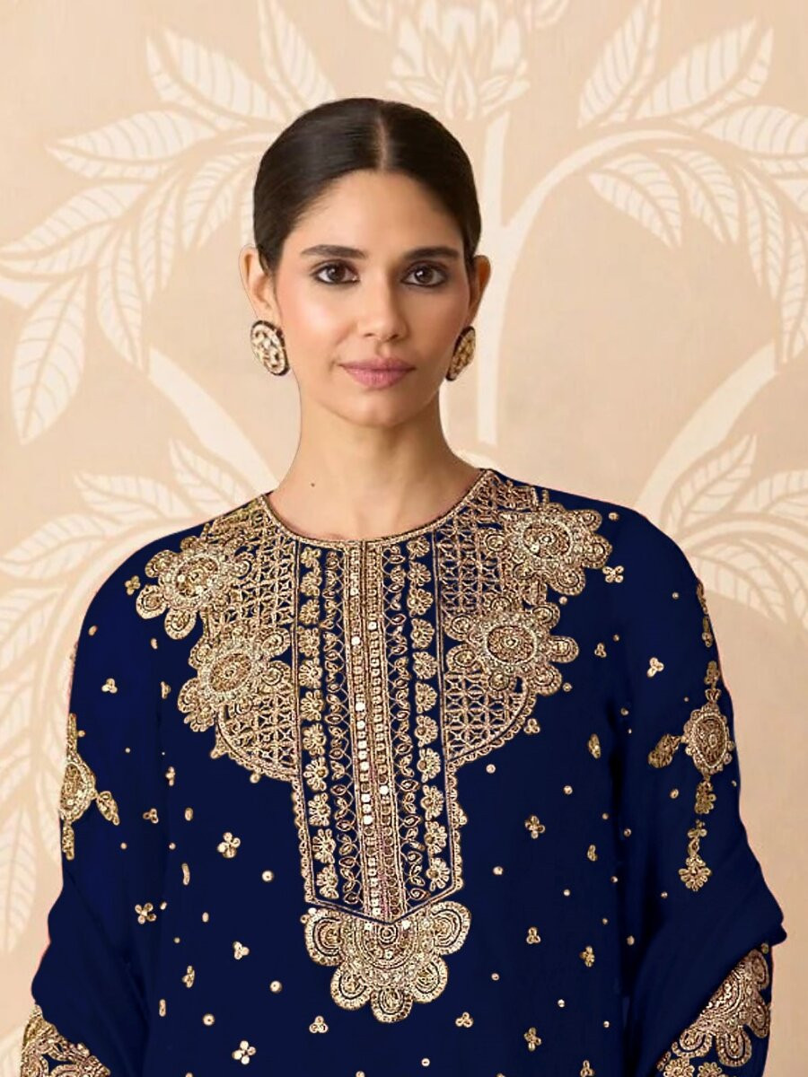 Navy Blue Georgette Embroidery Zari Sequins Wedding Party Festival Casual Palazzo Pant Salwar Kameez