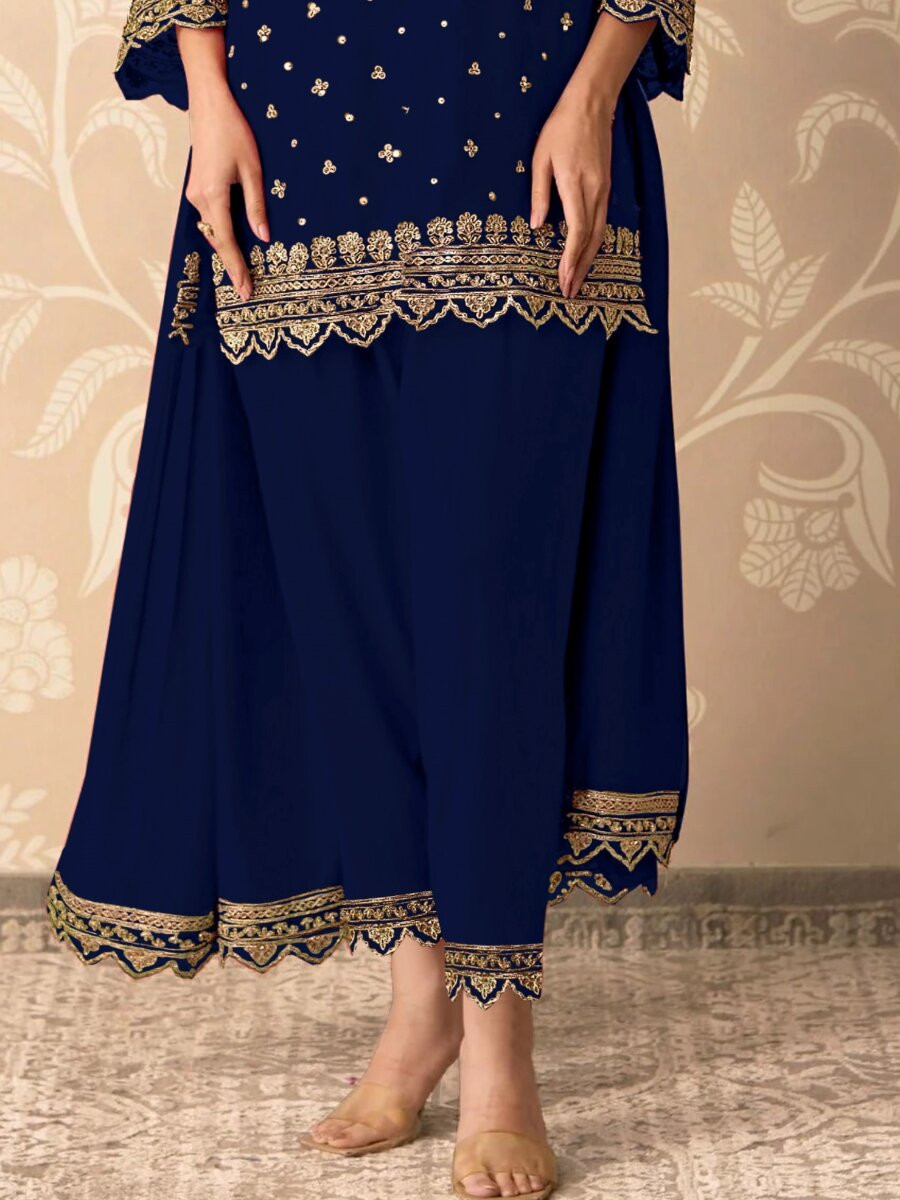 Navy Blue Georgette Embroidery Zari Sequins Wedding Party Festival Casual Palazzo Pant Salwar Kameez