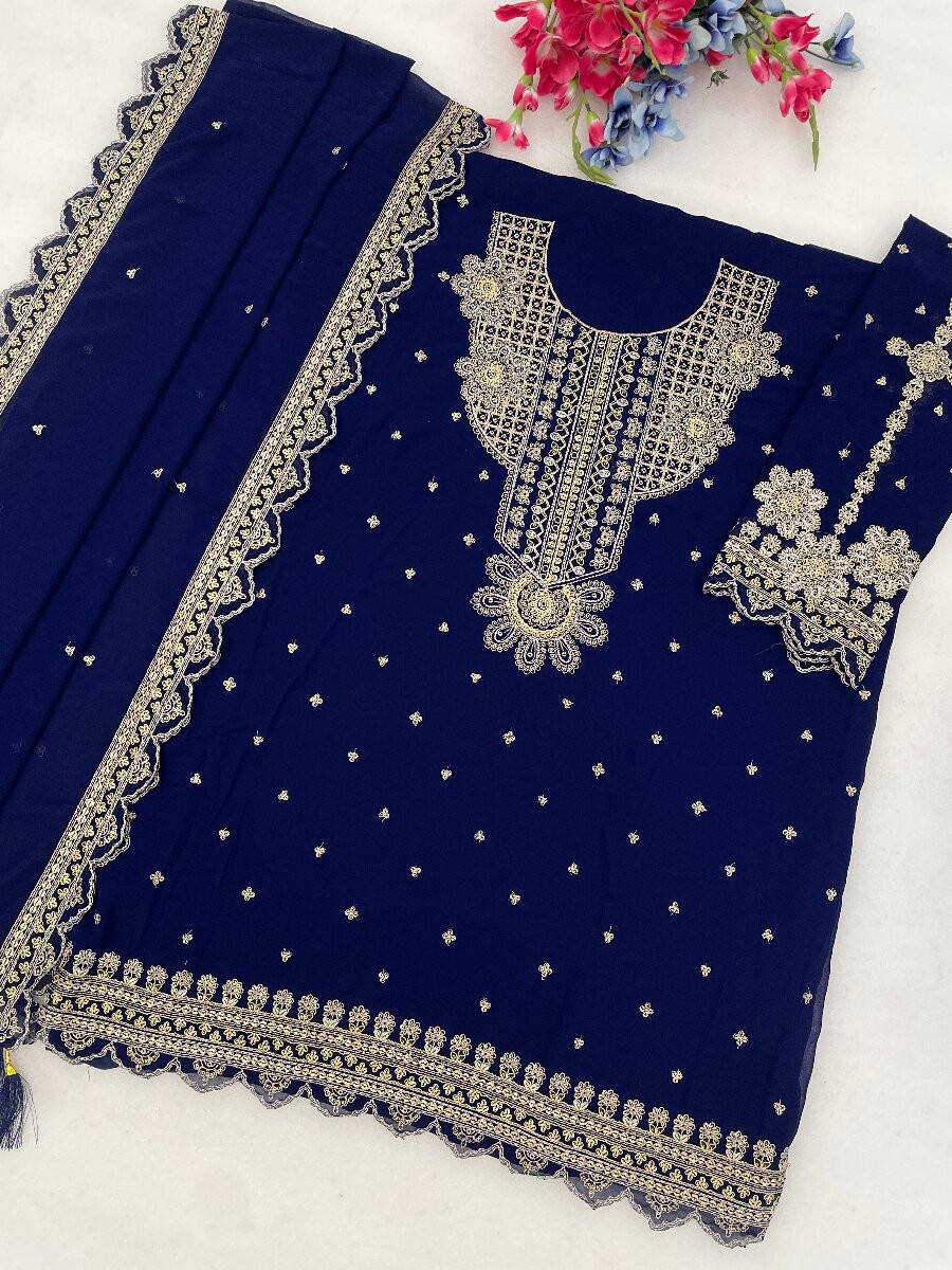 Navy Blue Georgette Embroidery Zari Sequins Wedding Party Festival Casual Palazzo Pant Salwar Kameez
