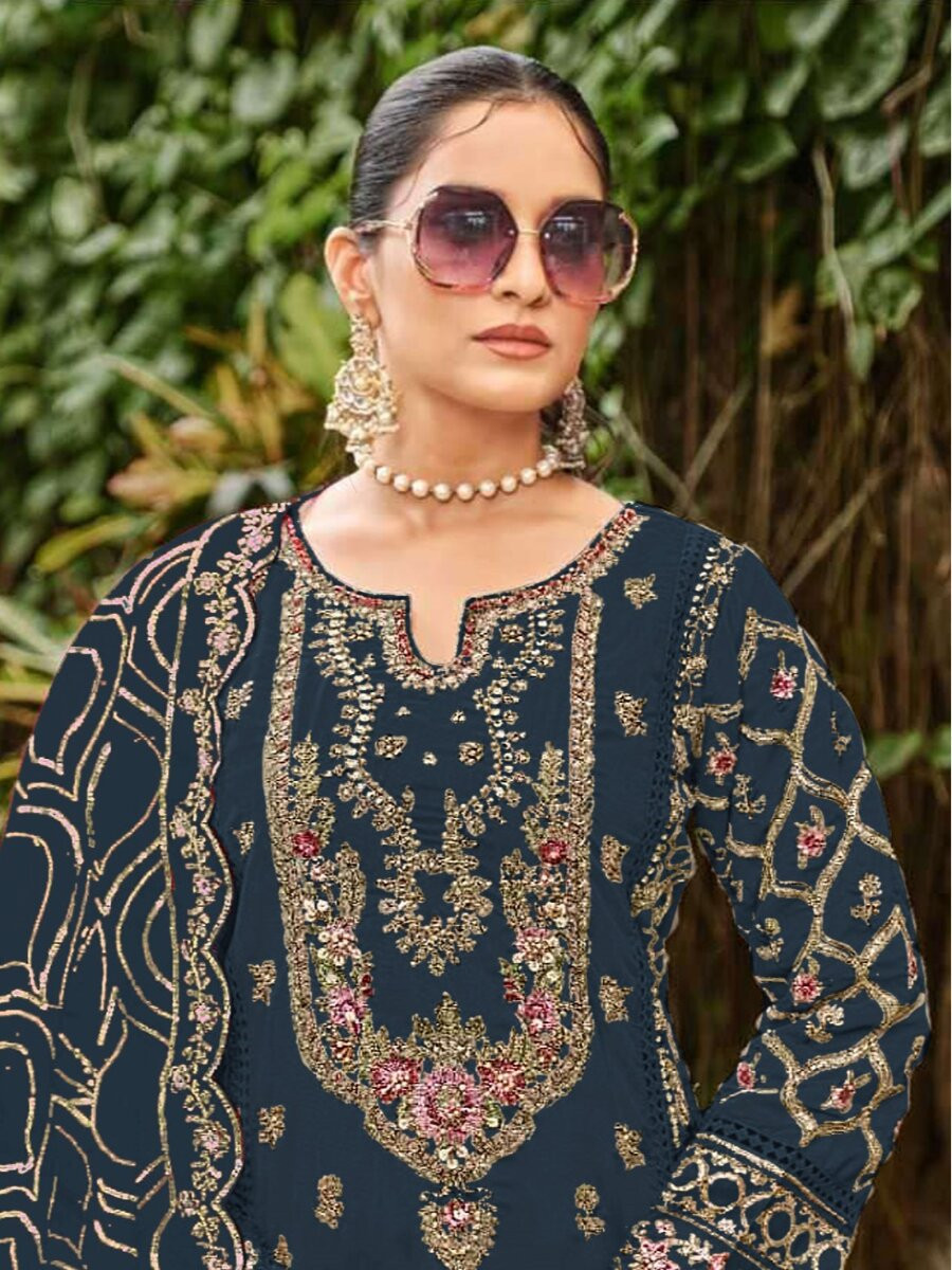 Navy Blue Georgette Embroidery Zari Sequins Wedding Party Festival Casual Pant Salwar Kameez