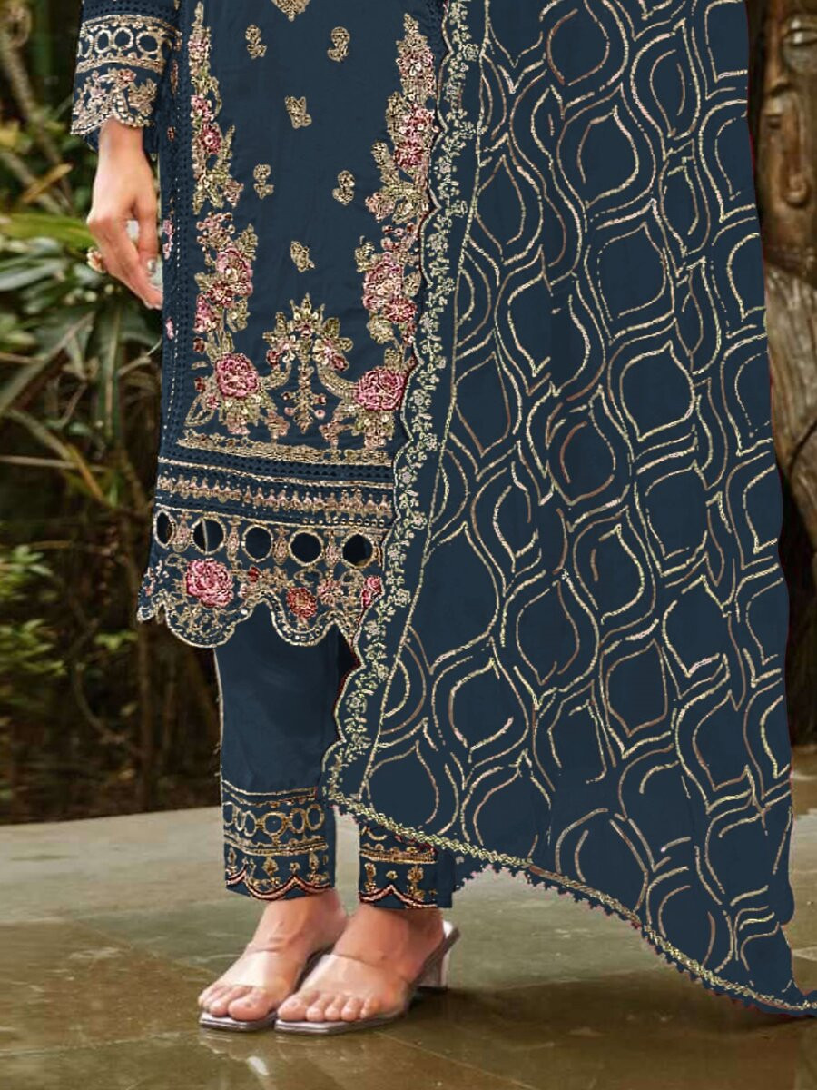 Navy Blue Georgette Embroidery Zari Sequins Wedding Party Festival Casual Pant Salwar Kameez