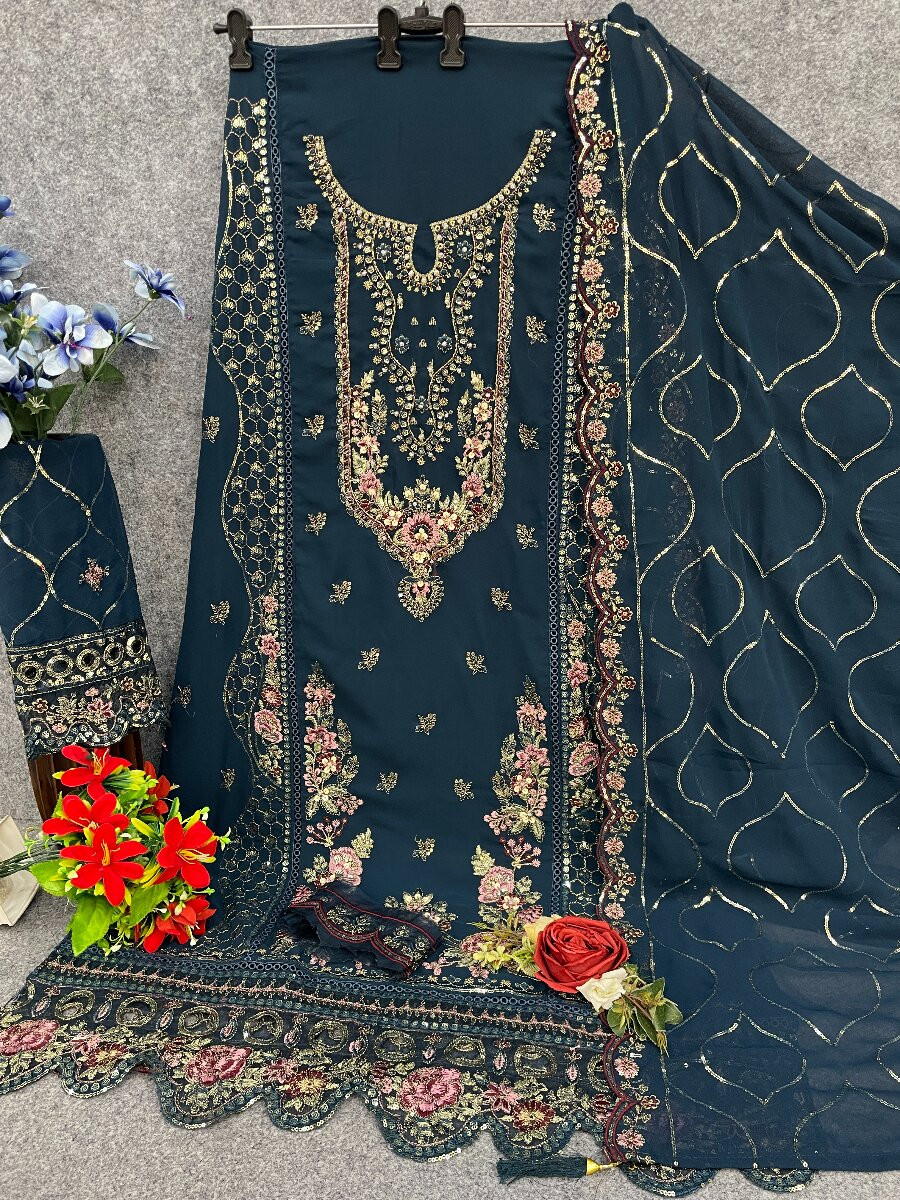 Navy Blue Georgette Embroidery Zari Sequins Wedding Party Festival Casual Pant Salwar Kameez