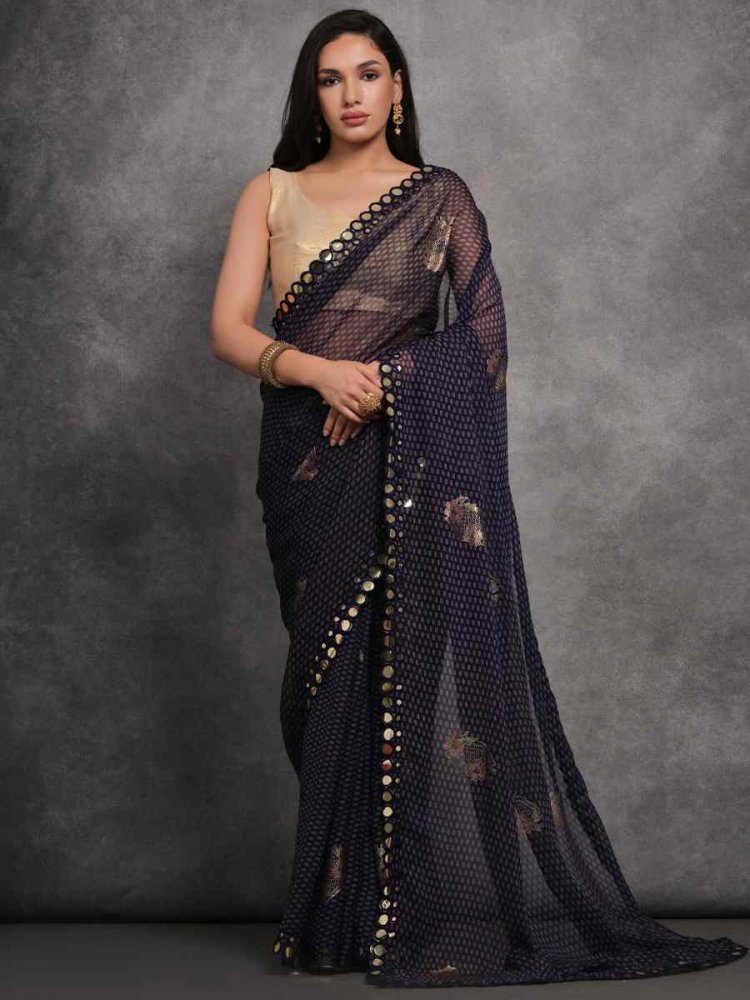 Navy Blue Georgette Printed Party Casual Classic Style Saree