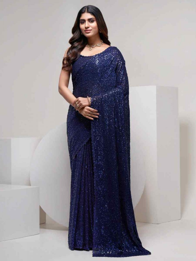 Navy Blue Georgette Sequins Cocktail Party Classic Style Saree