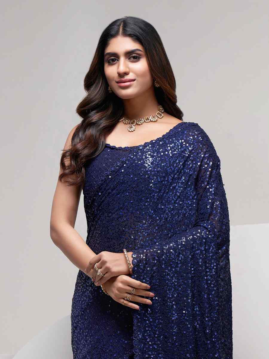 Navy Blue Georgette Sequins Cocktail Party Classic Style Saree
