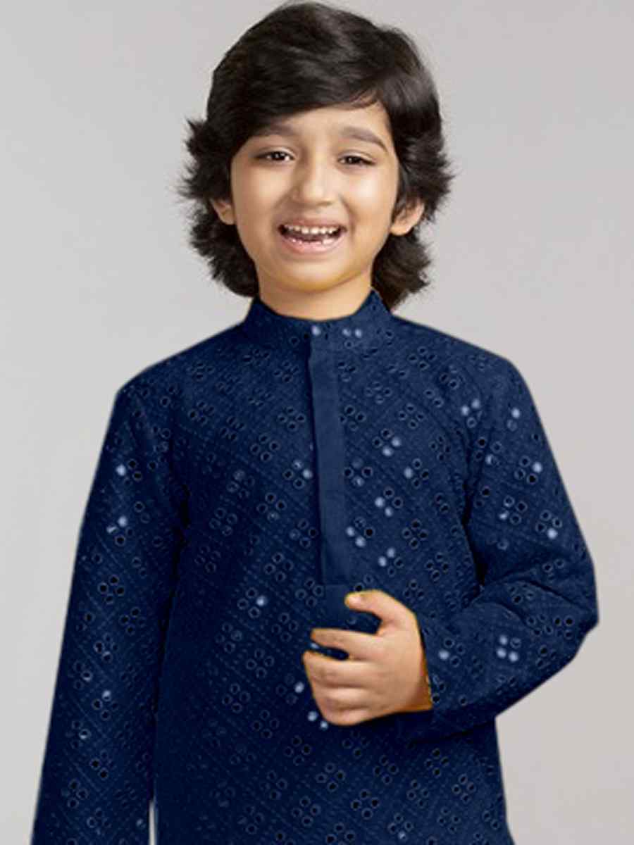 Navy Blue Georgette Sequins Festival Traditional Kurta Pyjama Boys Wear