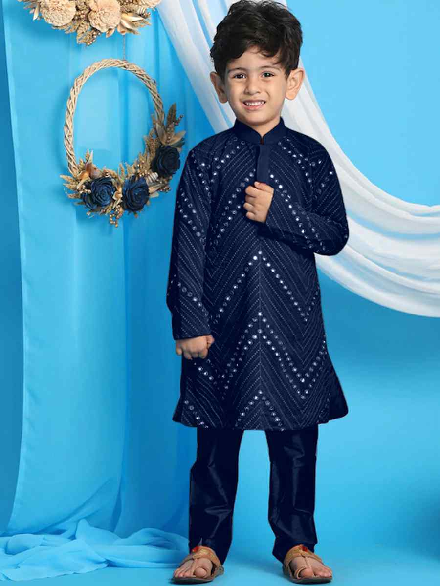 Navy Blue Georgette Sequins Festival Traditional Kurta Pyjama Boys Wear