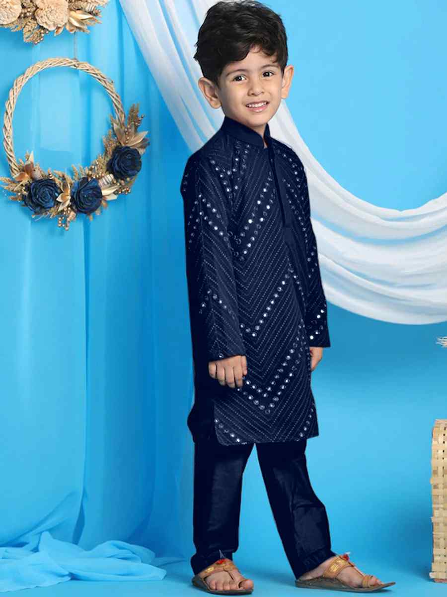 Navy Blue Georgette Sequins Festival Traditional Kurta Pyjama Boys Wear