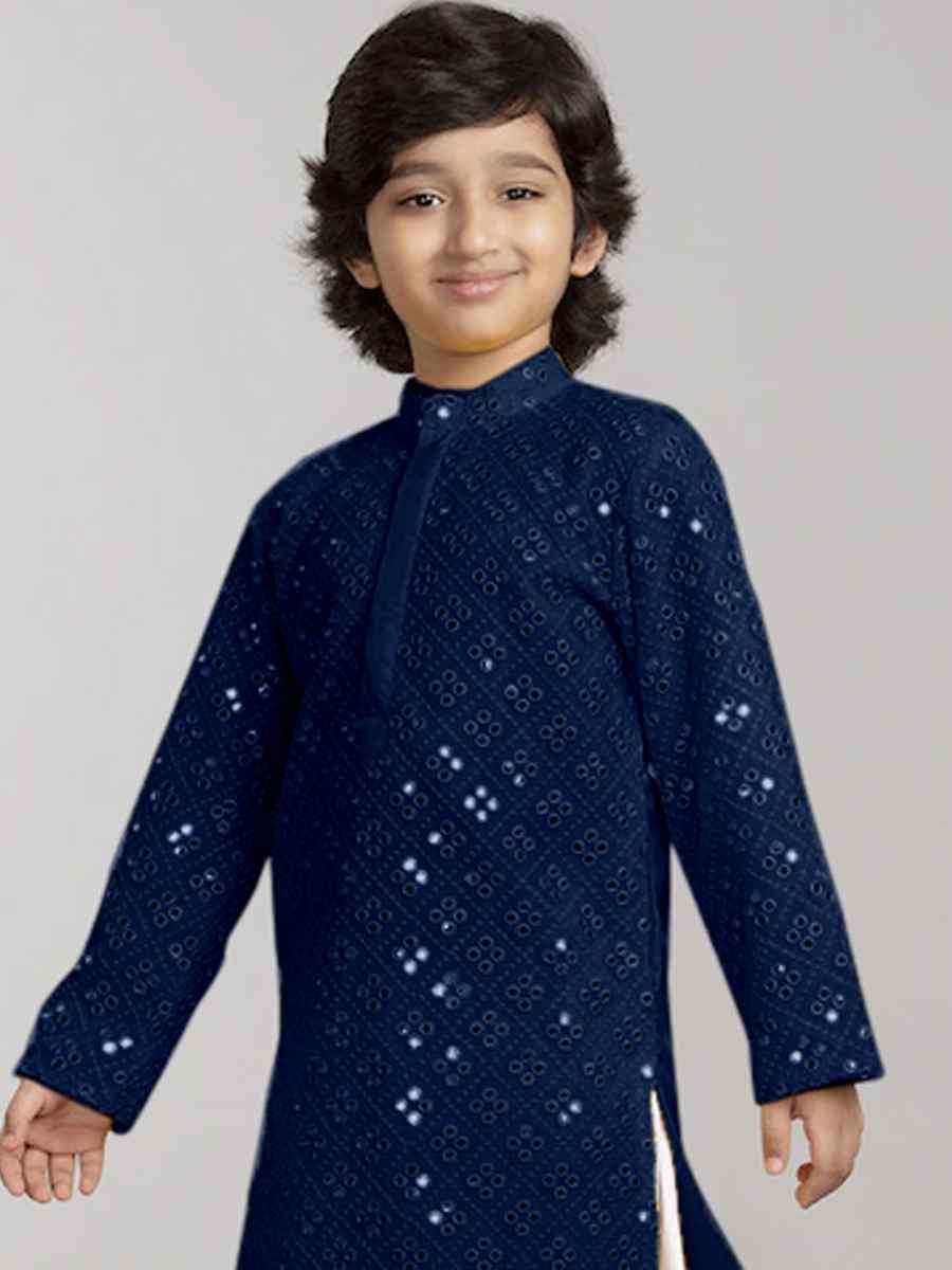 Navy Blue Georgette Sequins Festival Traditional Kurta Pyjama Boys Wear
