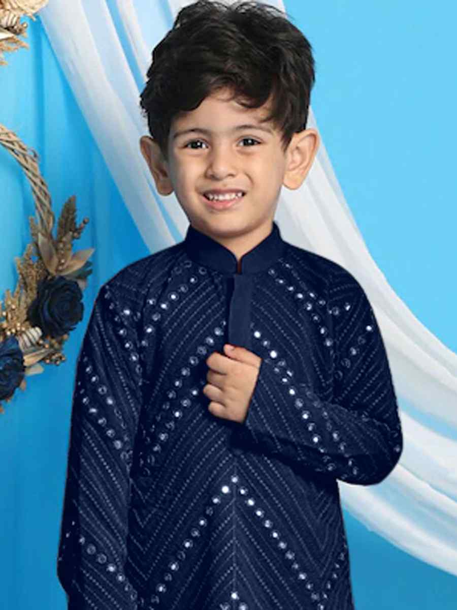 Navy Blue Georgette Sequins Festival Traditional Kurta Pyjama Boys Wear