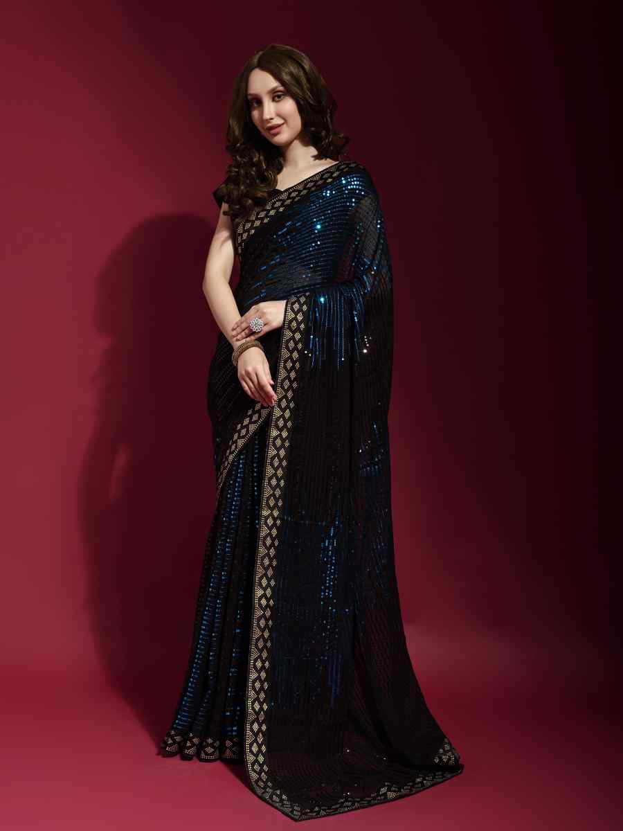 Navy Blue Georgette Sequins Party Cocktail Classic Style Saree