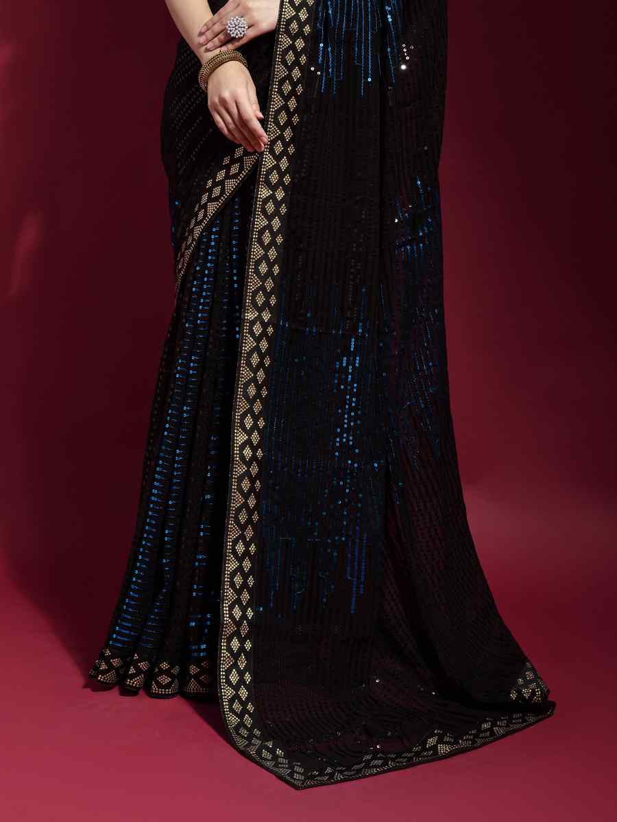 Navy Blue Georgette Sequins Party Cocktail Classic Style Saree