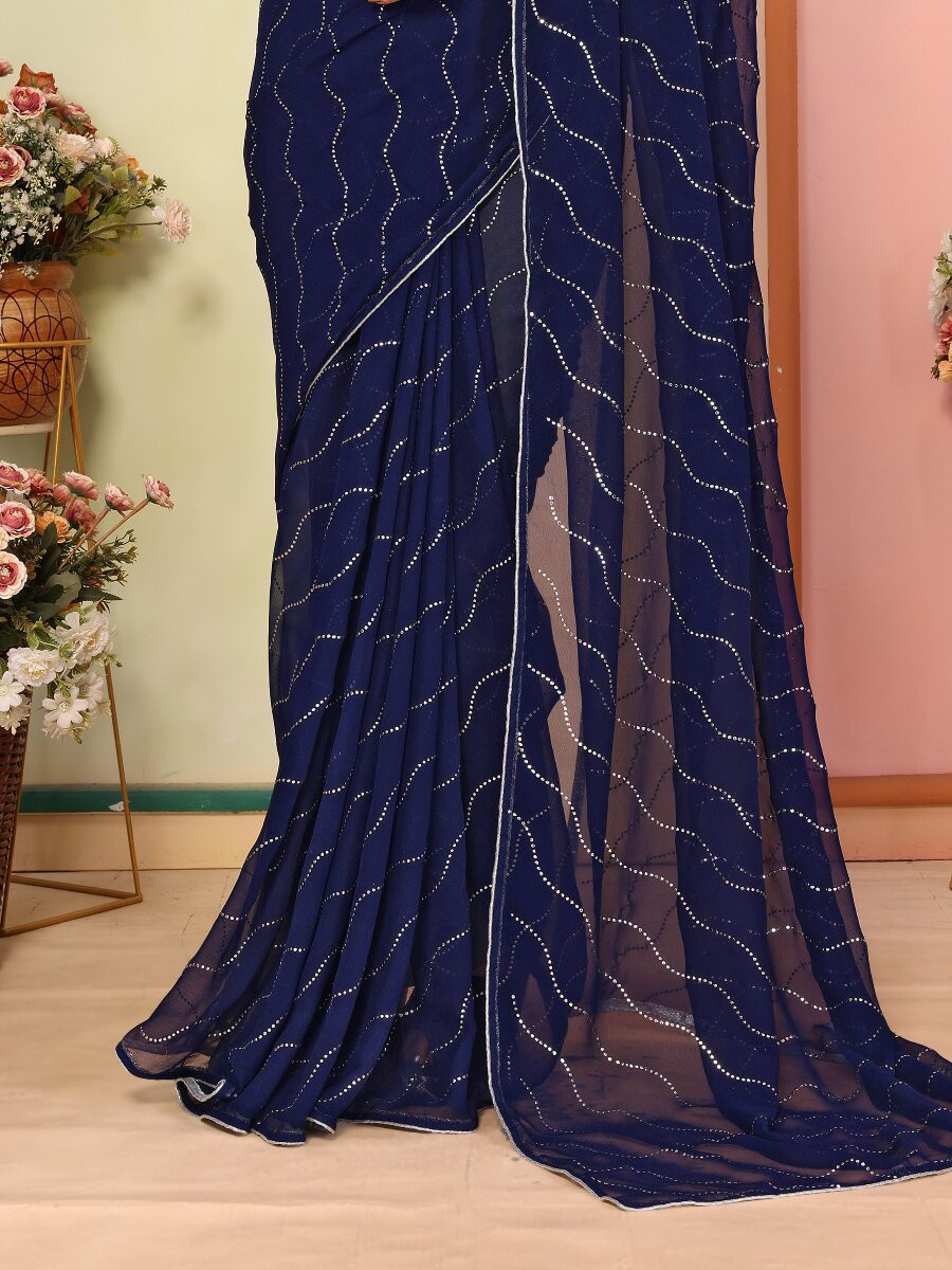 Navy Blue Georgette Traditional Wedding Reception Party Festival Casual Classic Style Sarees