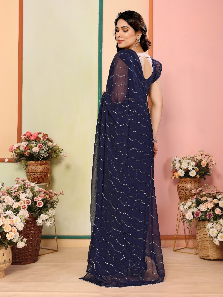 Navy Blue Georgette Traditional Wedding Reception Party Festival Casual Classic Style Sarees
