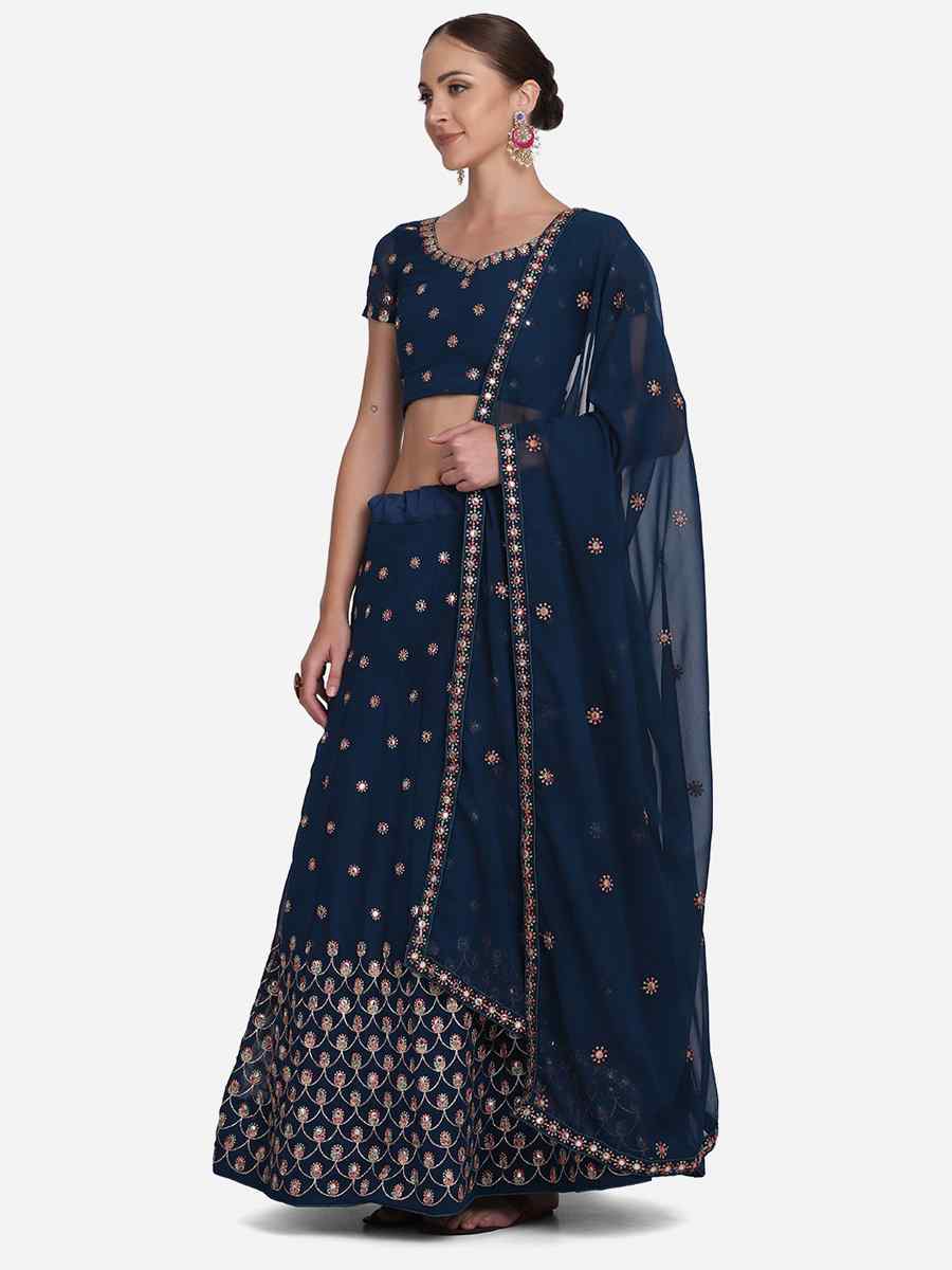 Navy Blue Georgette Zari Wedding Festival Circular Lehenga Choli