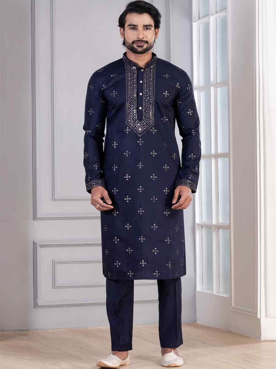 Navy Blue Glame Cotton Embroidery Festival Wedding Party Mens Kurta