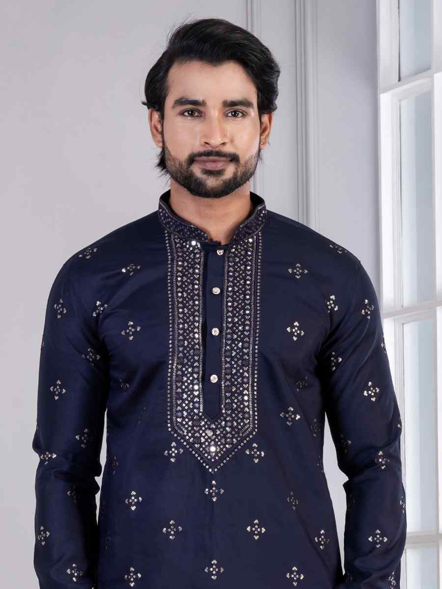 Navy Blue Glame Cotton Embroidery Festival Wedding Party Mens Kurta