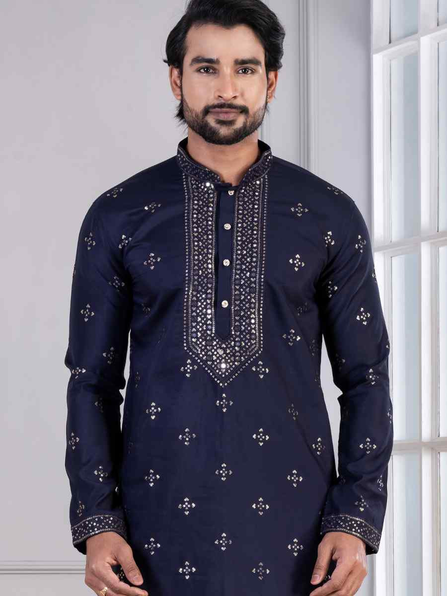 Navy Blue Glame Cotton Embroidery Festival Wedding Party Mens Kurta