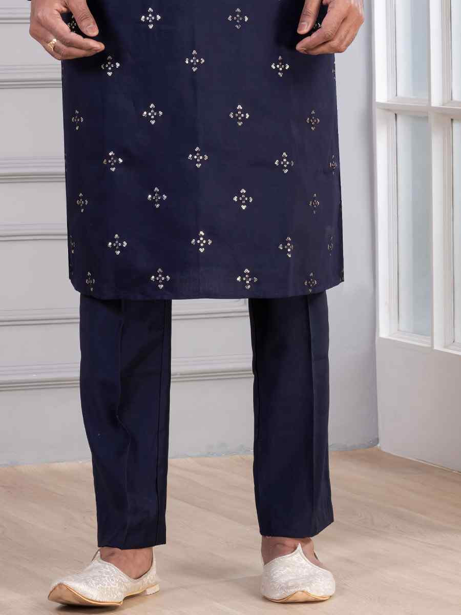 Navy Blue Glame Cotton Embroidery Festival Wedding Party Mens Kurta
