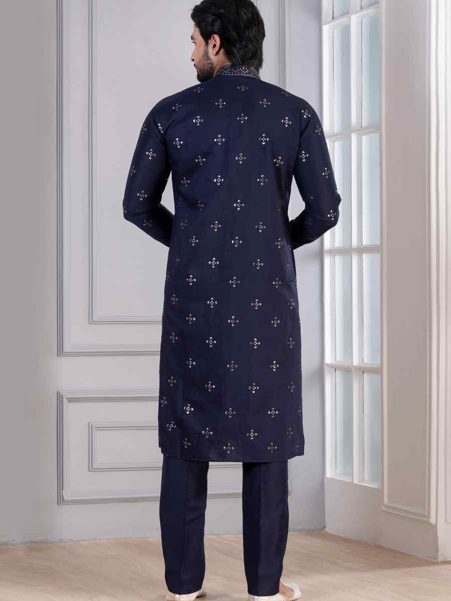 Navy Blue Glame Cotton Embroidery Festival Wedding Party Mens Kurta