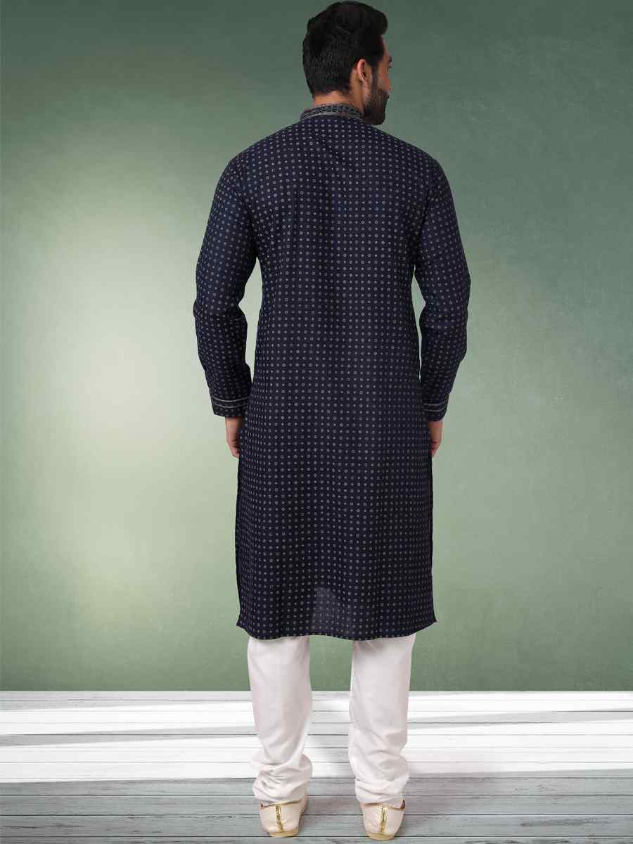 Navy Blue Hand Loomed In Rich Yarns Of Cotton Printed Festival Wedding Kurta