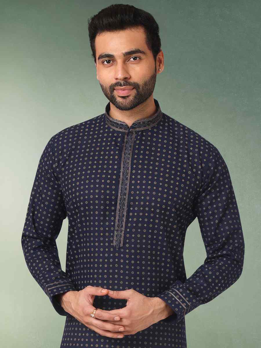 Navy Blue Hand Loomed In Rich Yarns Of Cotton Printed Festival Wedding Kurta