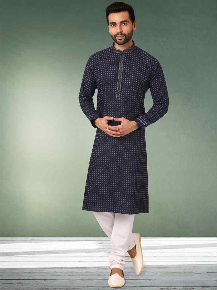 Navy Blue Hand Loomed In Rich Yarns Of Cotton Printed Festival Wedding Kurta