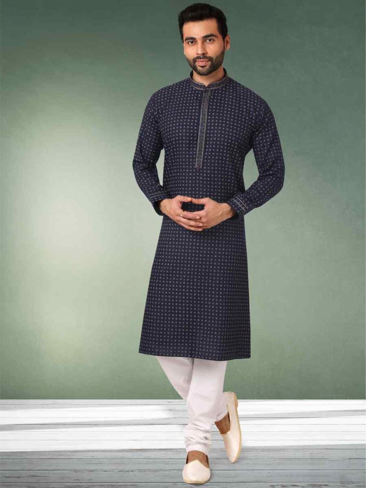 Navy Blue Hand Loomed In Rich Yarns Of Cotton Printed Festival Wedding Kurta