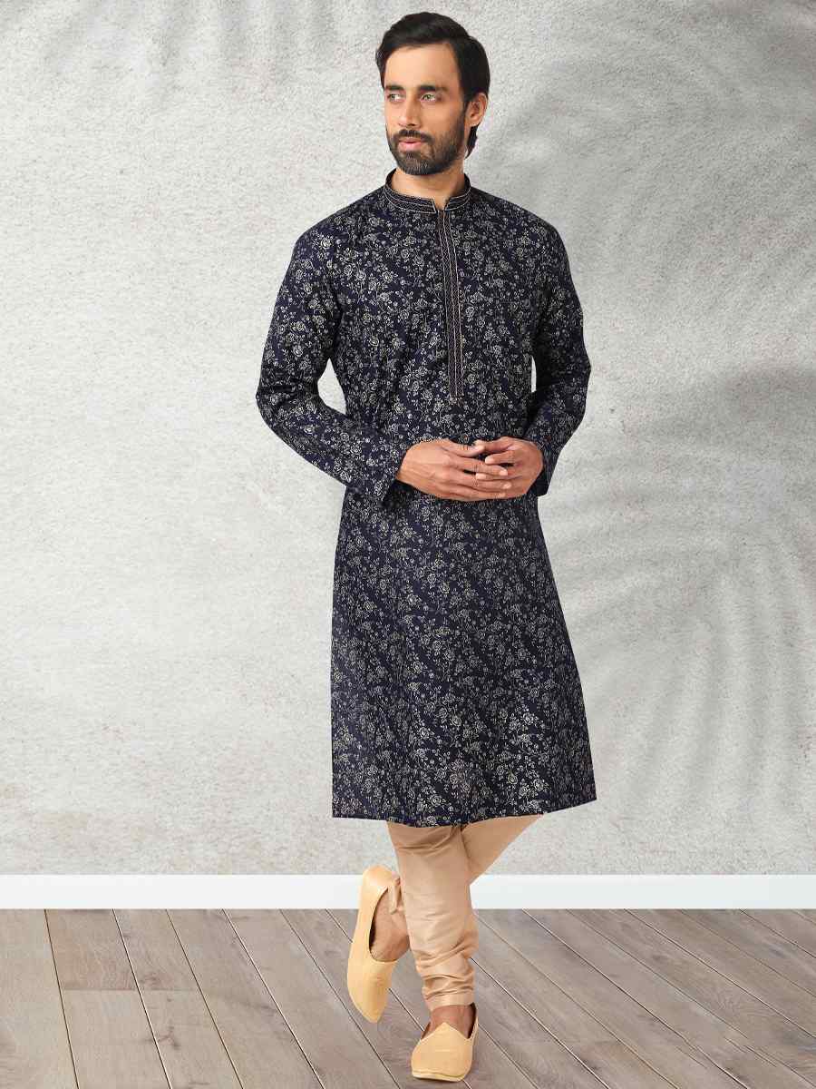 Navy Blue Hand Loomed In Rich Yarns Of Cotton Printed Festival Wedding Kurta