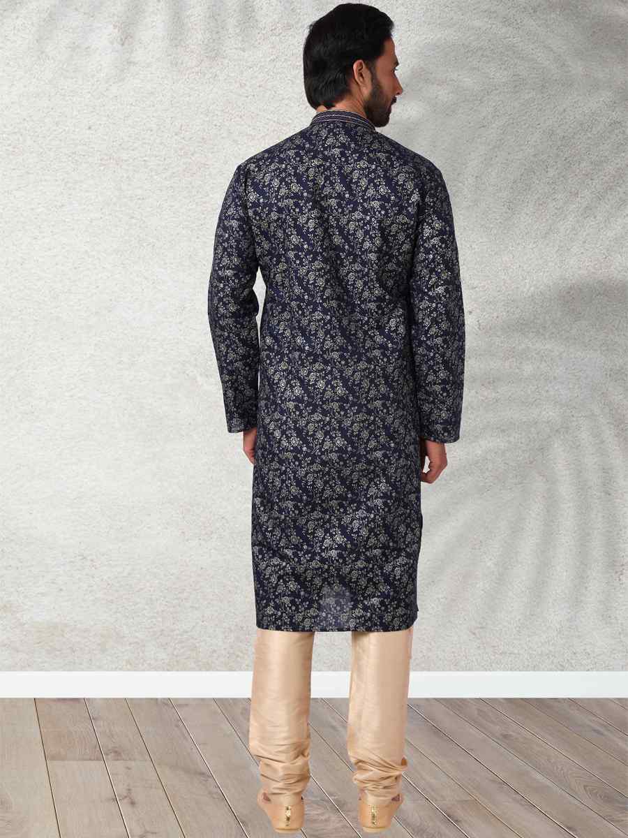 Navy Blue Hand Loomed In Rich Yarns Of Cotton Printed Festival Wedding Kurta