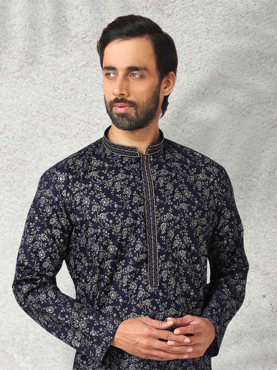 Navy Blue Hand Loomed In Rich Yarns Of Cotton Printed Festival Wedding Kurta