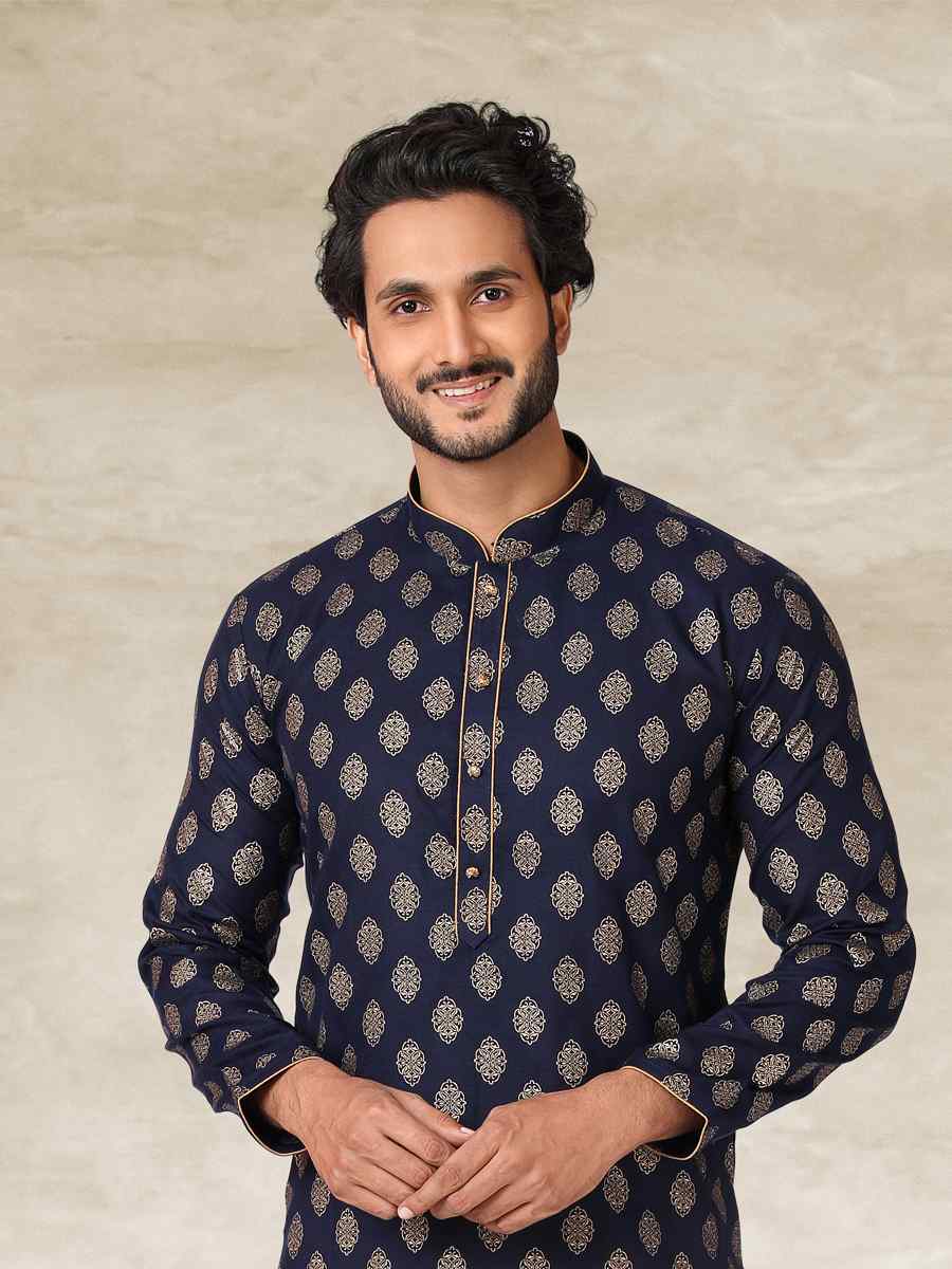 Navy Blue Hand Loomed In Rich Yarns Of Cotton Printed Party Wedding Kurta