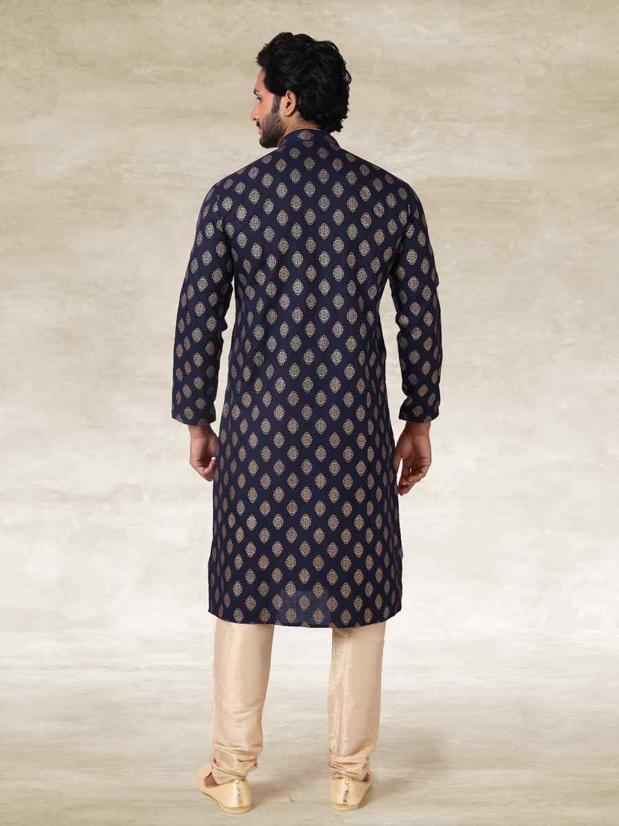 Navy Blue Hand Loomed In Rich Yarns Of Cotton Printed Party Wedding Kurta