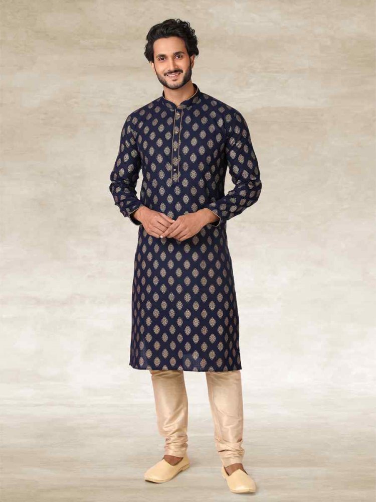 Navy Blue Hand Loomed In Rich Yarns Of Cotton Printed Party Wedding Kurta
