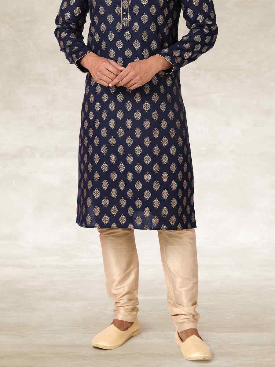 Navy Blue Hand Loomed In Rich Yarns Of Cotton Printed Party Wedding Kurta