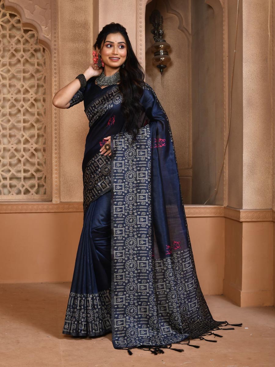 Navy Blue Handloom Raw Silk Handwoven Casual Festival Heavy Border Saree