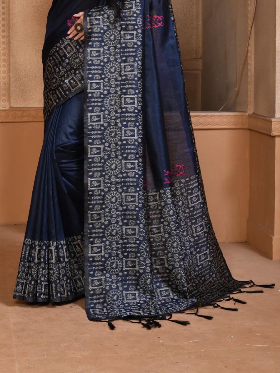 Navy Blue Handloom Raw Silk Handwoven Casual Festival Heavy Border Saree