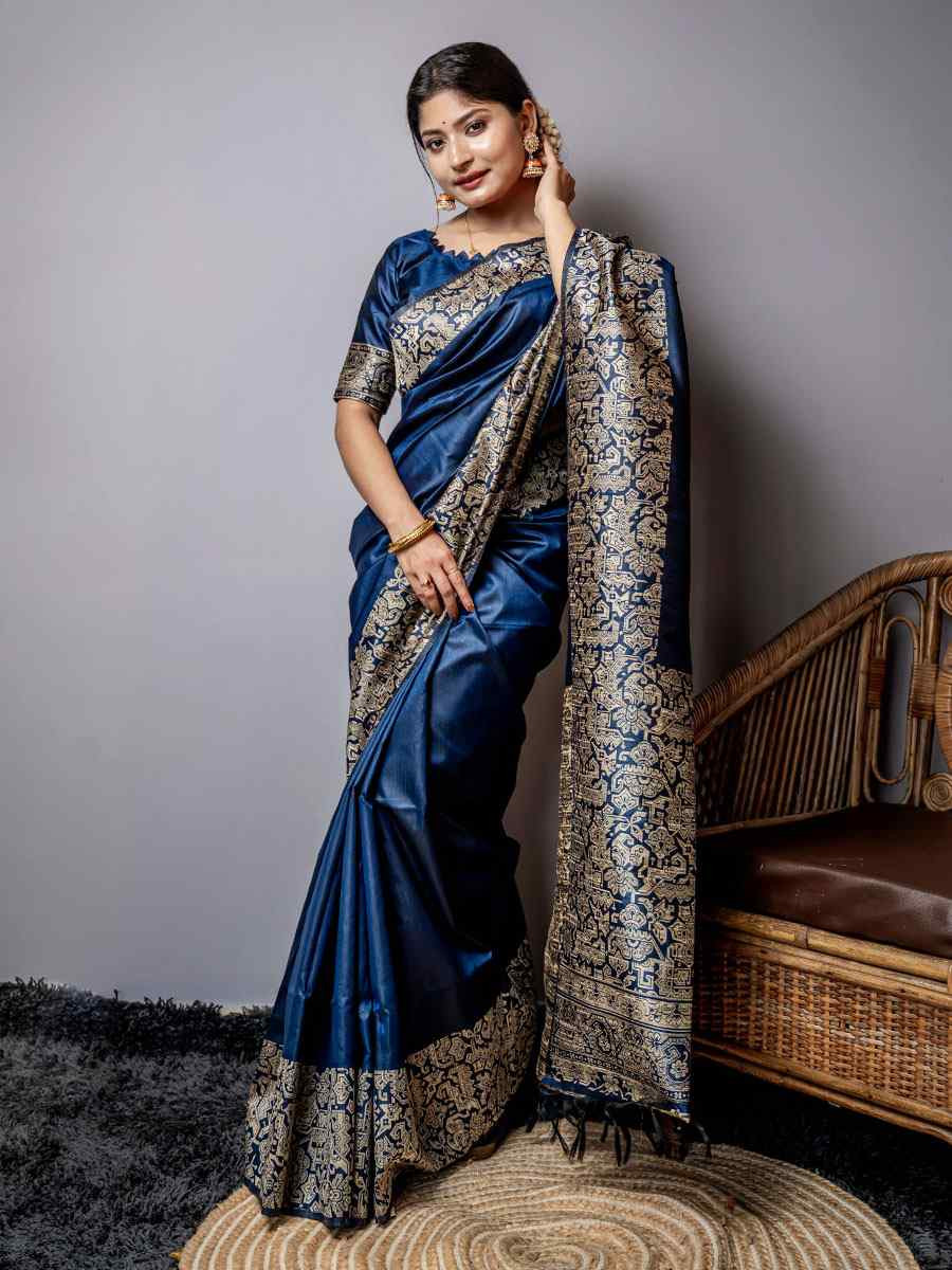 Navy Blue Handloom Raw Silk Handwoven Casual Reception Festival Wedding Fancy Classic Style Sarees