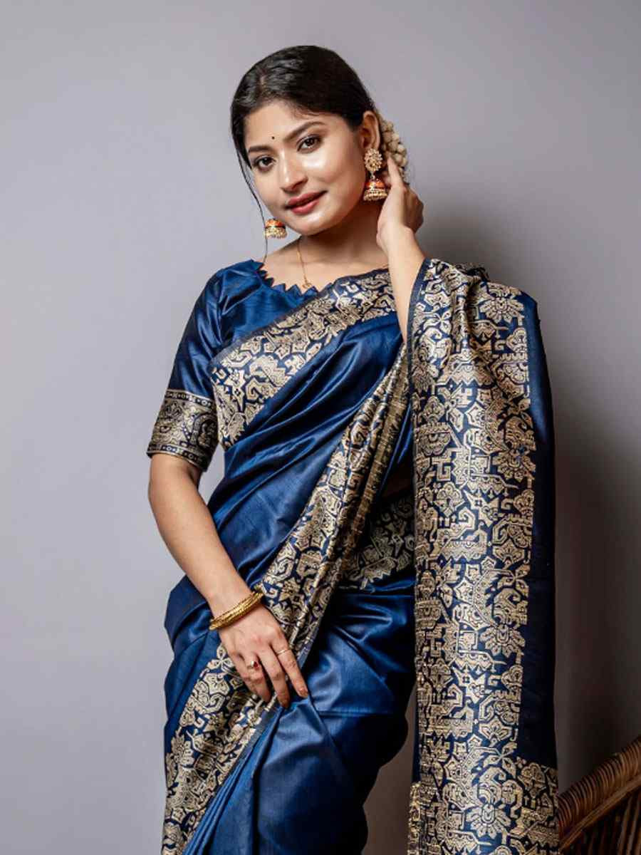 Navy Blue Handloom Raw Silk Handwoven Casual Reception Festival Wedding Fancy Classic Style Sarees