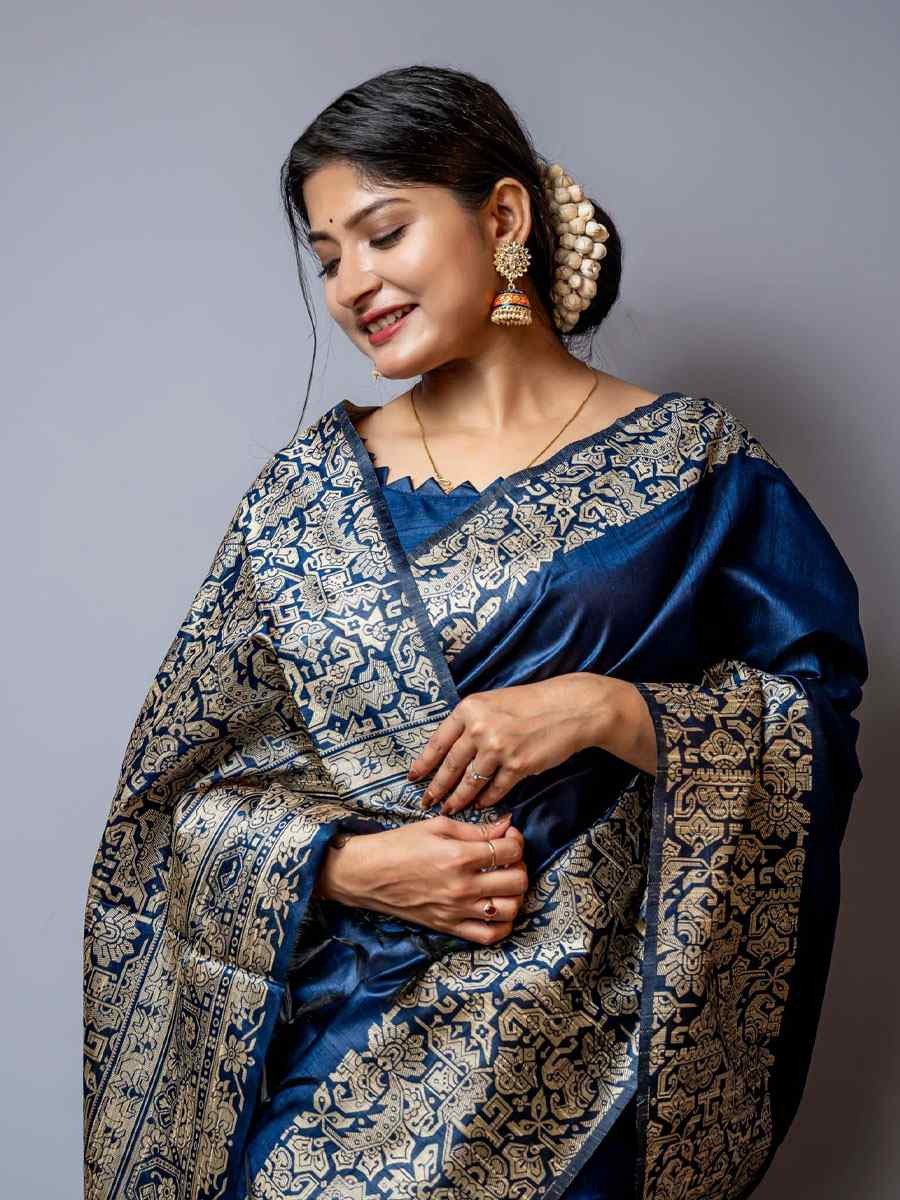 Navy Blue Handloom Raw Silk Handwoven Casual Reception Festival Wedding Fancy Classic Style Sarees