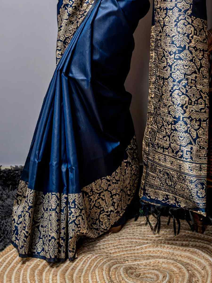 Navy Blue Handloom Raw Silk Handwoven Casual Reception Festival Wedding Fancy Classic Style Sarees