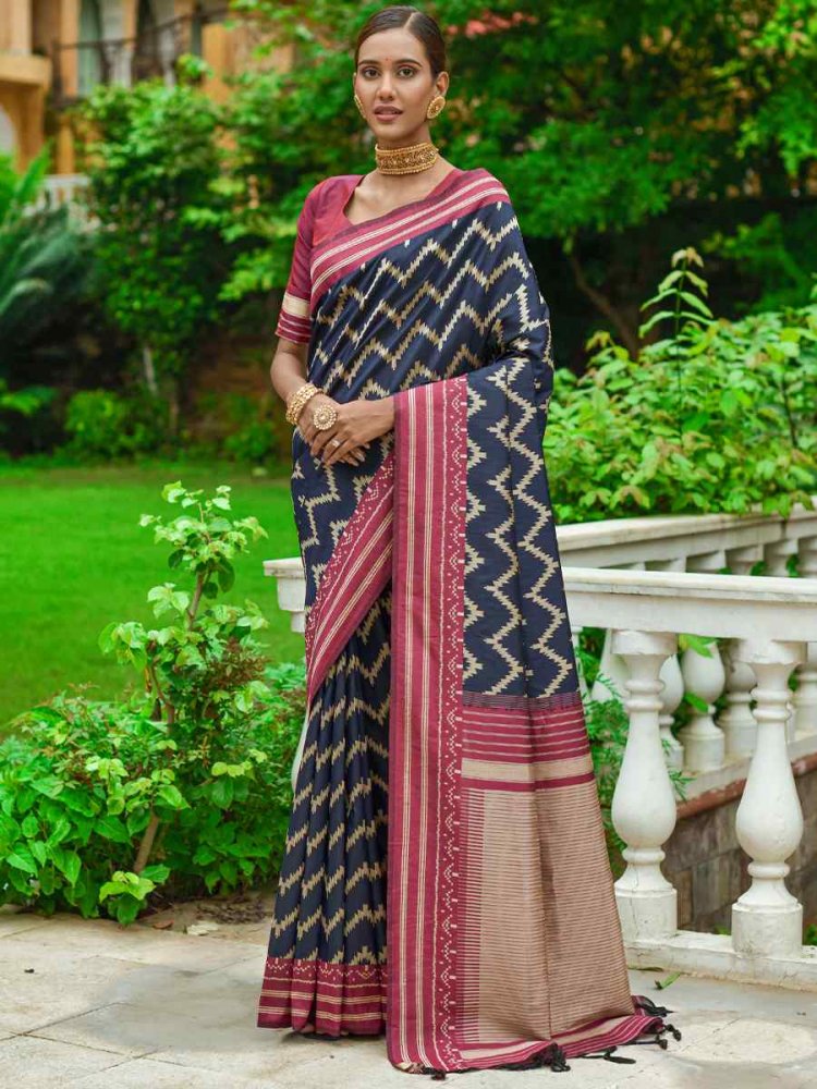 Navy Blue Handloom Raw Silk Printed Casual Festival Contemporary Saree